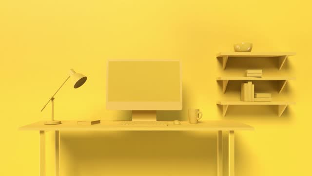 Simple and Modern Home Office Space in Minimalistic Yellow Monochrome Color in 4K Resolution
