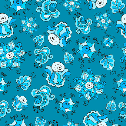 seamless floral pattern with abstract flowers and leaves in blue and turquoise tones