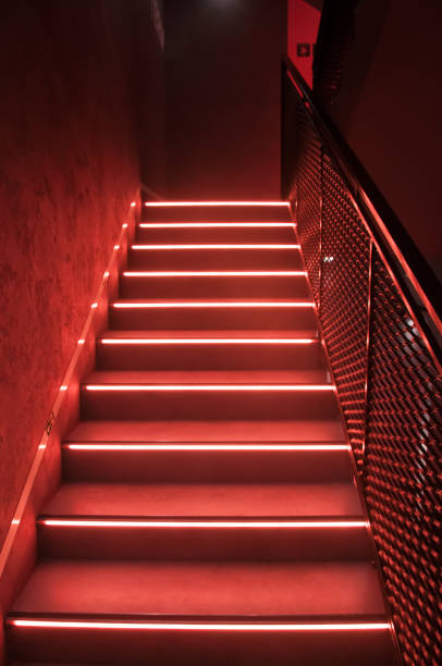 Red stairs with led light stock photo