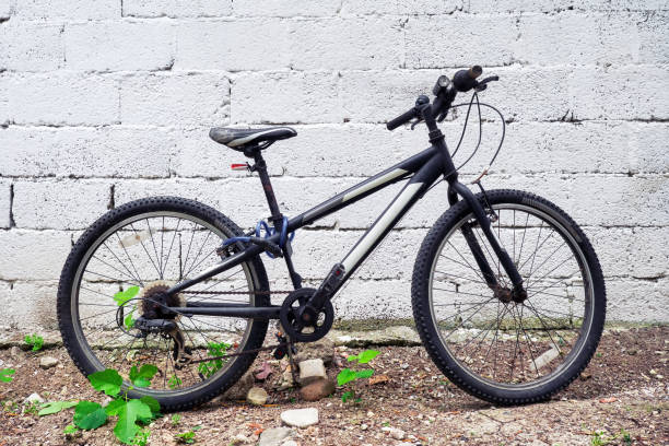 istock Black mountain bicycle at the garden against white wall background 1329838778