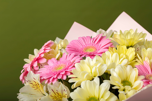 Close-up of beautiful bouquet of Gerbera flowers on a green background. Space for copy.
