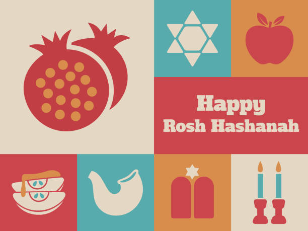 nowoczesna rosz haszana minimalna kartka z życzeniami - v3 - rosh hashana apple honey judaism stock illustrations