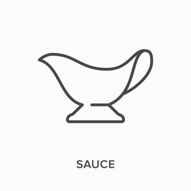 Sauce flat line icon. Vector outline illustration of gravy boat. Black thin linear pictogram for food container Sauce flat line icon. Vector outline illustration of gravy boat. Black thin linear pictogram for food container. gravy stock illustrations