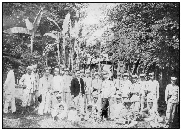 Antique black and white photograph: Aguinaldo's officers, Philippines Antique black and white photograph of people from islands in the Caribbean and in the Pacific Ocean; Cuba, Hawaii, Philippines and others: Aguinaldo's officers, Philippines big island hawaii islands photos stock illustrations