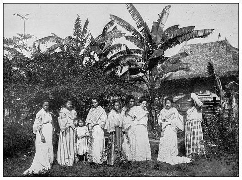 Antique black and white photograph of people from islands in the Caribbean and in the Pacific Ocean; Cuba, Hawaii, Philippines and others: Women, Manila, Philippines