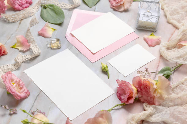 istock Wedding Wedding stationery set with envelope laying on a marble table 1329841581