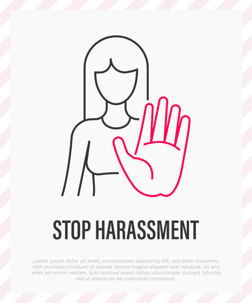 illustrazioni stock, clip art, cartoni animati e icone di tendenza di icona di stop harassment thin line. abusi, vittima di violenza sessuale. illustrazione vettoriale. - violenza donne