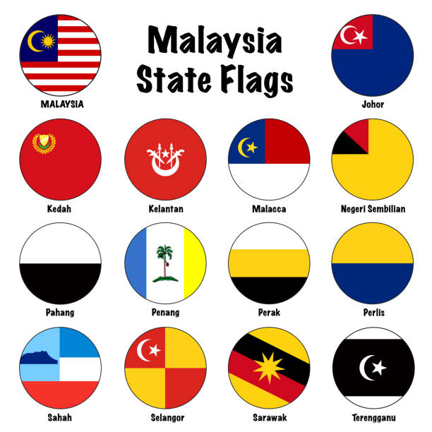 illustrations, cliparts, dessins animés et icônes de jeu d’icônes du bouton cercle des drapeaux de l’état de malaisie - sarawak state