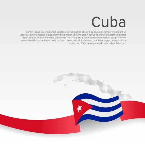 Vector illustration of Cuba flag, mosaic map on white background. Wavy ribbon with the cuban flag. Vector banner design, cuba national poster. Cover for business booklet. State patriotic, flyer, brochure