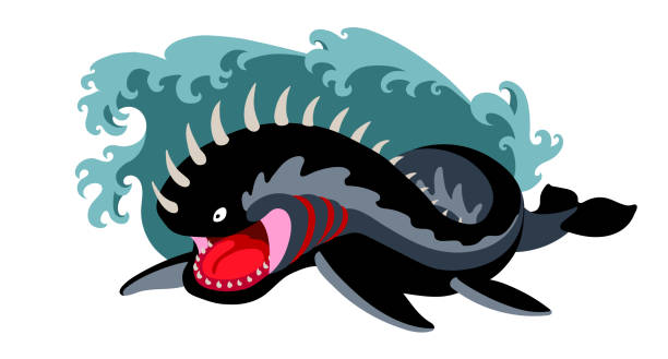 black attacking leviathan in the sea waves, a fantastic creature, a monster, a biblical character black attacking leviathan in the sea waves, a fantastic creature, a monster, a biblical character, color vector illustration isolated on a white background in the cartoon style and a flat design biggest stock illustrations