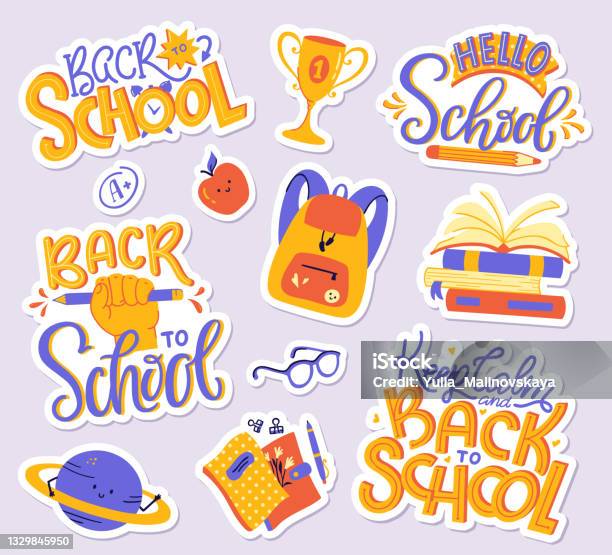 School Sticker Pack Vector Set Of Modern Illustrations - Arte vetorial de stock e mais imagens de Regresso às Aulas