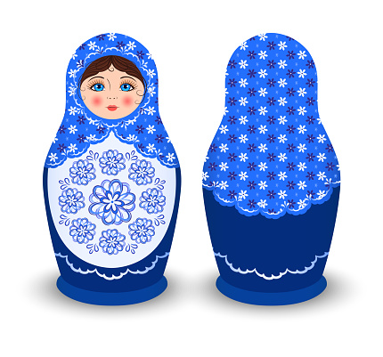 Beautiful Russian Doll in a Blue Sundress. Isolated Matryoshka Front, Back View. Wooden Toy, flowers pattern on clothes. A Fairy-tale Female Character. Slavic Symbol. Cartoon color style. Vector image