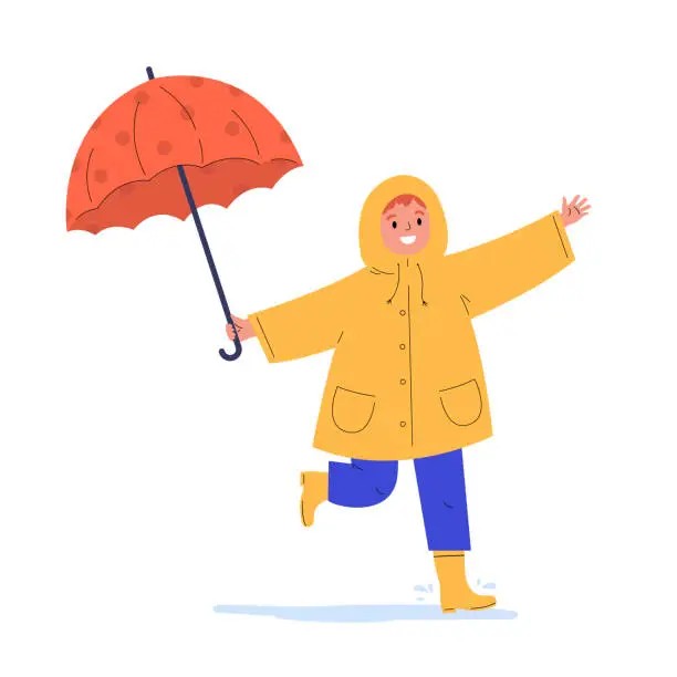 Vector illustration of Child in a yellow raincoat under umbrella