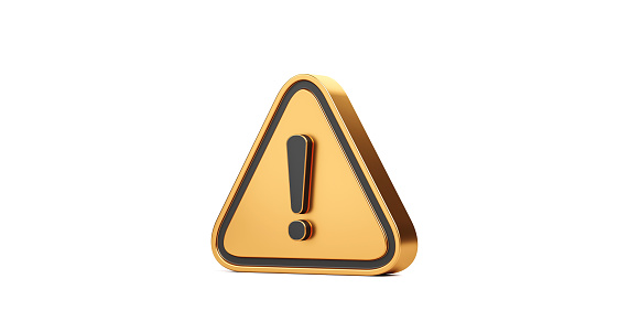 Símbolo de signo de exclamación de oro e icono de signo de atención o precaución aislado en alerta de peligro problema fondo blanco con concepto de diseño plano gráfico de advertencia. Renderizado 3D. photo