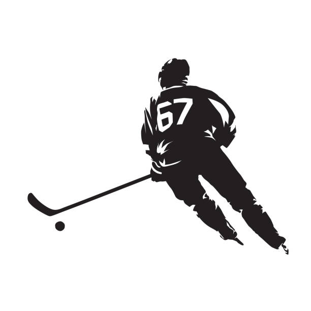 ilustrações, clipart, desenhos animados e ícones de jogador de hóquei no gelo patinando com disco. silhueta vetorial isolada - ice hockey hockey puck speed ice