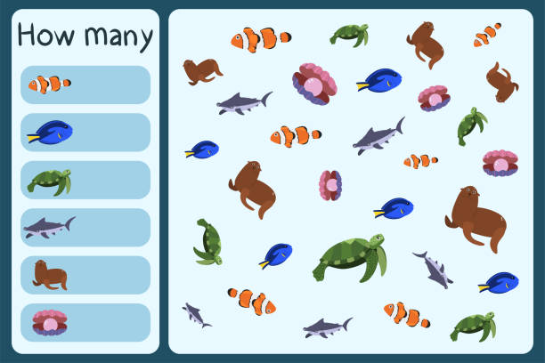 istock Kids mathematical mini game - count how many sea animals - clownfish; surgeonfish, turtle, hummerhead shark, fur seal, shall with pearl. 1329851056