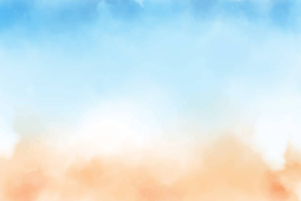 illustrazioni stock, clip art, cartoni animati e icone di tendenza di cielo blu e sabbia spiaggia acquerello sfondo - relaxation water painted image paintings