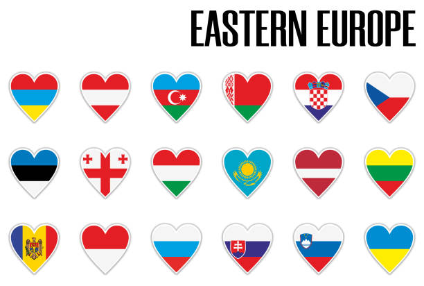 Set flags Eastern Europe in heart with shadow and white outline Set flags Eastern Europe in heart with shadow and white outline without names slovak language stock illustrations