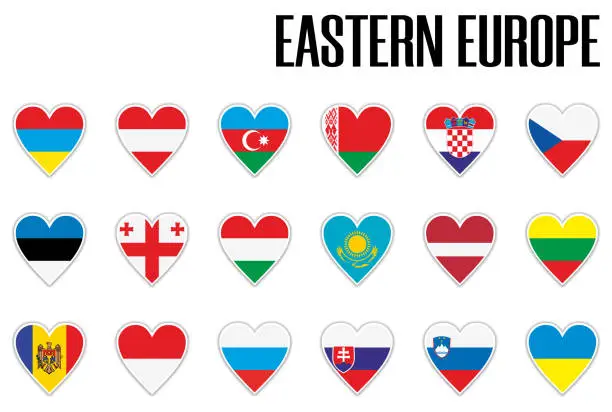 Vector illustration of Set flags Eastern Europe in heart with shadow and white outline