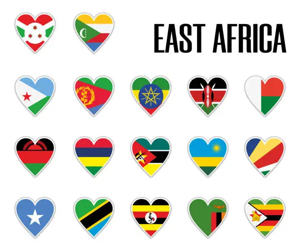 Vector illustration of Set flags East Africa in heart with shadow and white outline