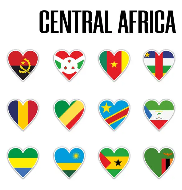 Vector illustration of Set flags central Africa in heart with shadow and white outline