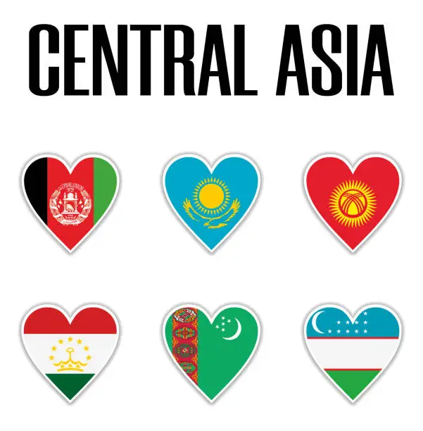 Vector illustration of Set flags central Asia in heart with shadow and white outline