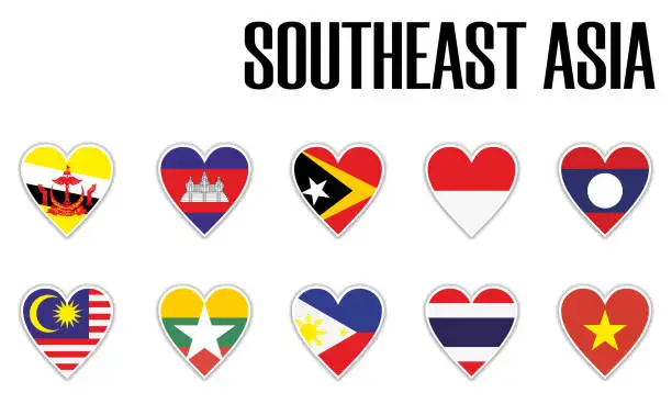 Vector illustration of Set flags southeast Asia in heart with shadow and white outline