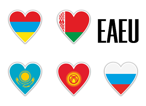 Set flags Eurasian Economic Union in heart with shadow and white outline without names