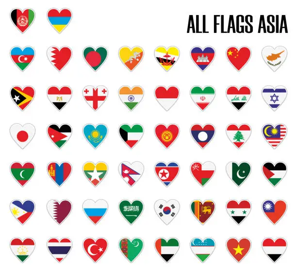 Vector illustration of Set flags Asia in heart with shadow and white outline