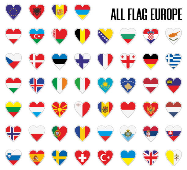 illustrazioni stock, clip art, cartoni animati e icone di tendenza di imposta bandiere europa nel cuore con ombra e contorno bianco - all european flags