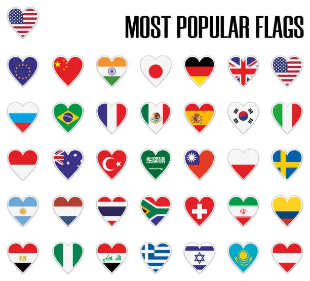 Vector illustration of Set most popular flags in heart with shadow and white outline