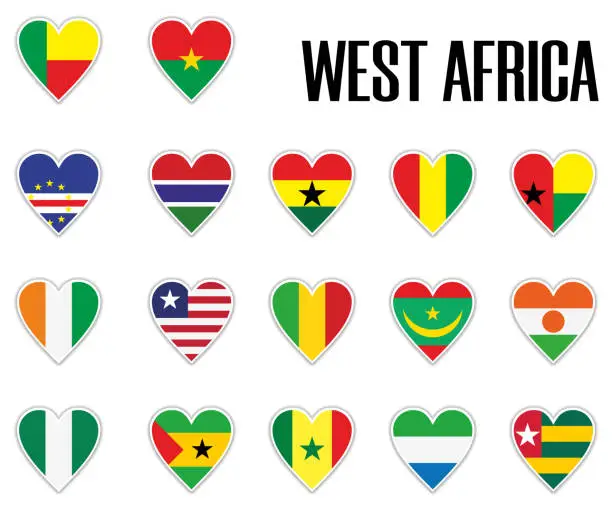 Vector illustration of Set flags West Africa in heart with shadow and white outline