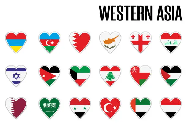 Vector illustration of Set flags Western Asia in heart with shadow and white outline