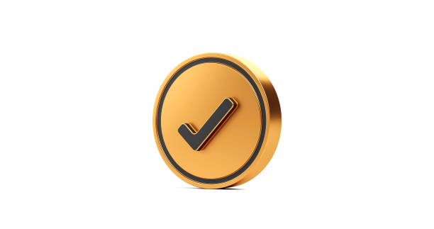 Gold tick check mark icon button and yes or approved symbol isolated on confirm correct sign checklist white background with agreement success box. 3D rendering. Gold tick check mark icon button and yes or approved symbol isolated on confirm correct sign checklist white background with agreement success box. 3D rendering. check mark metal three dimensional shape symbol stock pictures, royalty-free photos & images