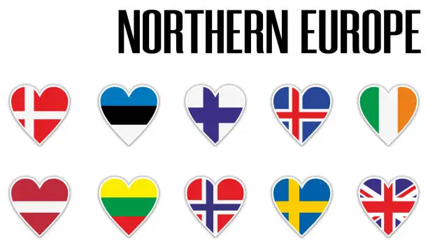 Vector illustration of Set flags Northern Europe in heart with shadow and white outline