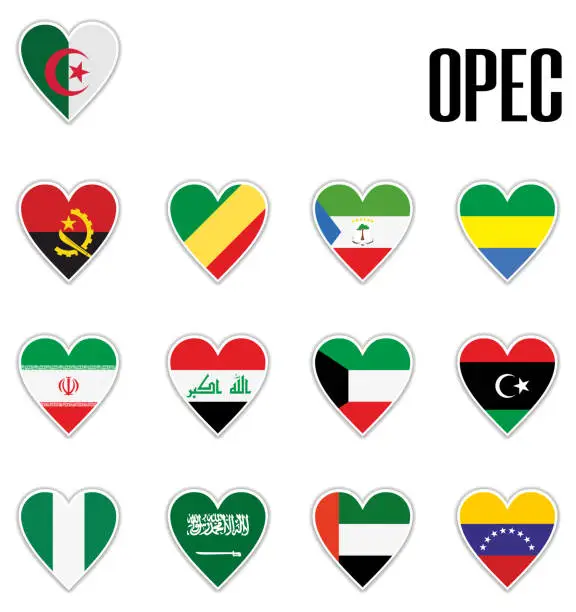 Vector illustration of Set flags OPEC in heart with shadow and white outline