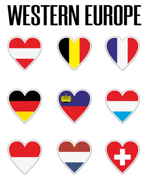 Vector illustration of Set flags Western Europe in heart with shadow and white outline