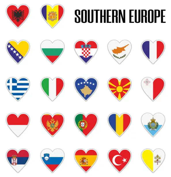 Vector illustration of Set flags Southern Europe in heart with shadow and white outline