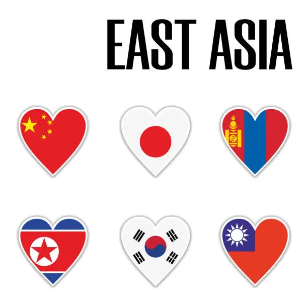 Vector illustration of Set flags East Asia in heart with shadow and white outline