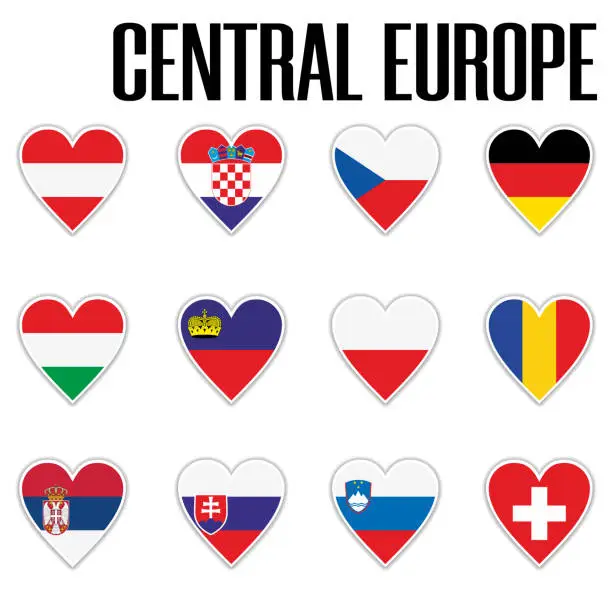 Vector illustration of Set flags Central Europe in heart with shadow and white outline