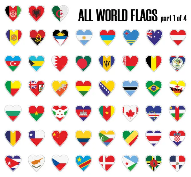 Vector illustration of Set all World flags part 1 of 4 in heart with shadow and white outline