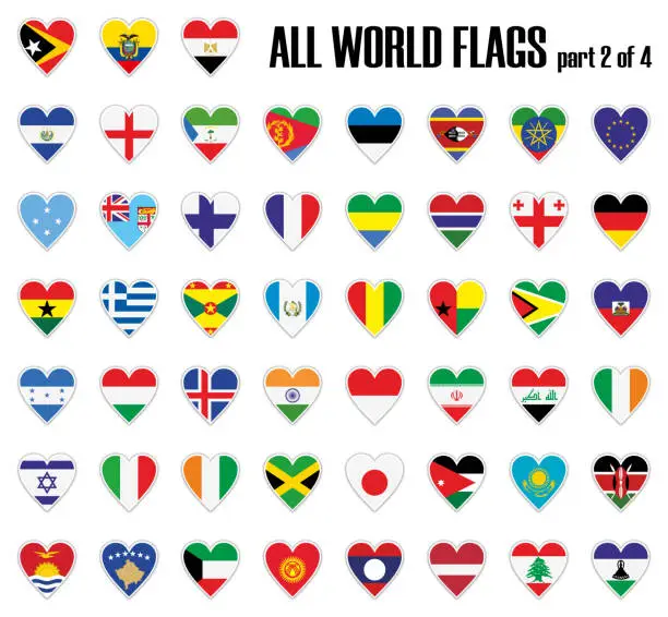 Vector illustration of Set all World flags part 2 of 4 in heart with shadow and white outline