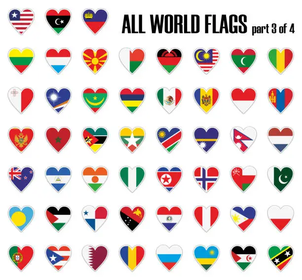 Vector illustration of Set all World flags part 3 of 4 in heart with shadow and white outline