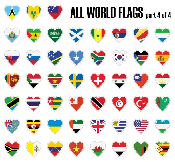 Vector illustration of Set all World flags part 4 of 4 in heart with shadow and white outline