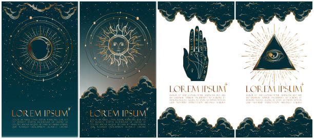 Graphics and illustrations Collection of mysterious vector illustrations in gold colour for stories templates, mobile app, landing page, web design. Occult magic background for astrology, divination, tarot concept. tarot cards stock illustrations