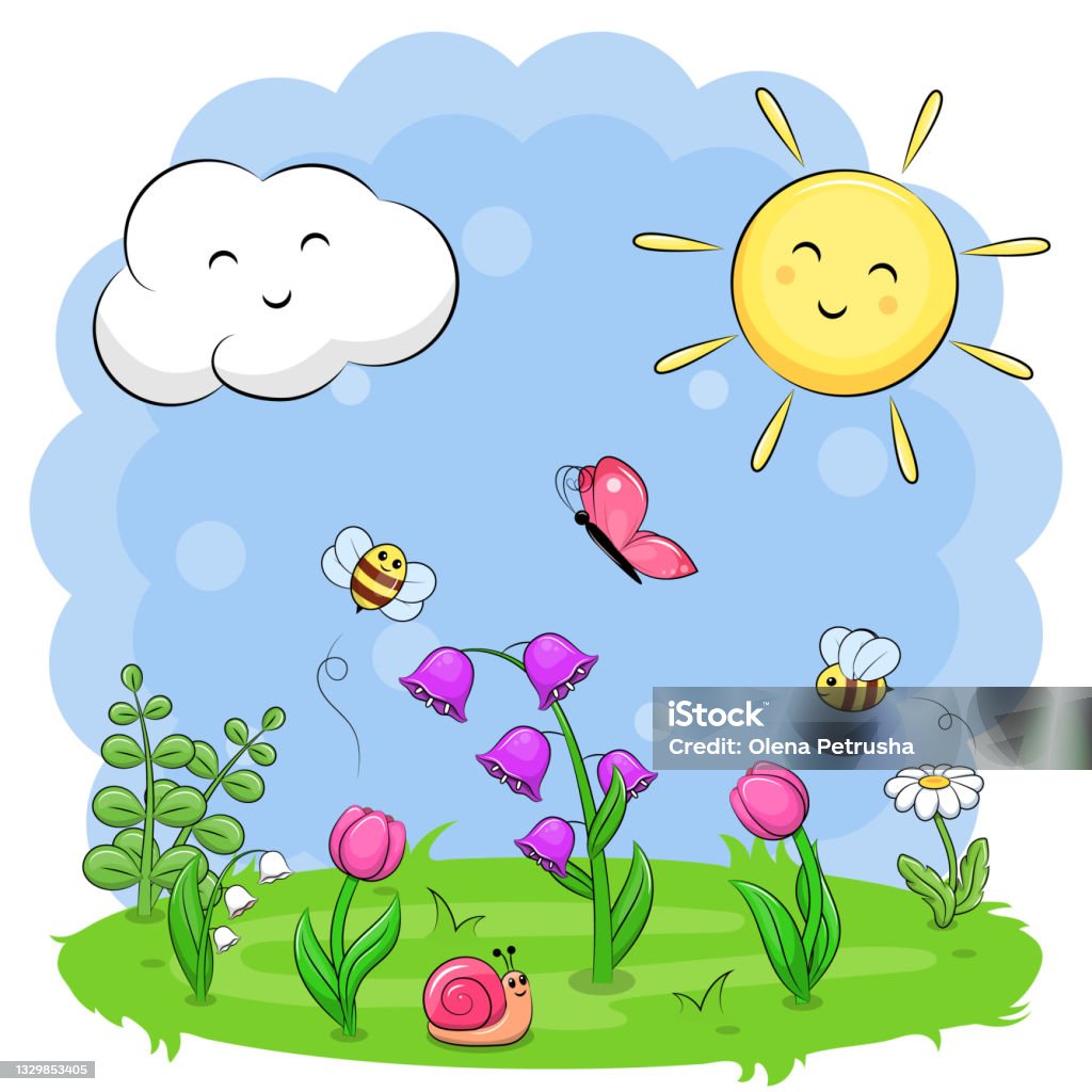 Ilustración de Lindo Paisaje De Dibujos Animados Con Flores Abejas Mariposas  Caracoles Sol Y Nubes y más Vectores Libres de Derechos de Mariposa -  Lepidópteros - iStock