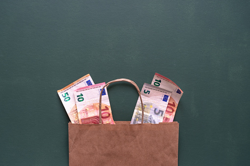 Flat lay, brown, green, background, currency, shopping