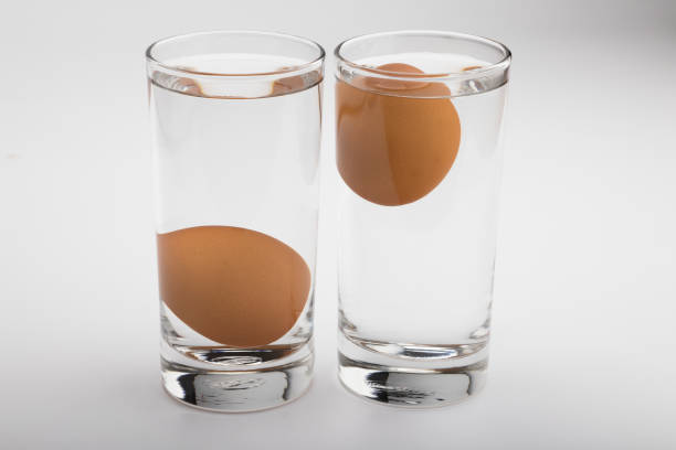 istock Eggs in water test on transparent glass , Egg freshness test on white isolated background , Bad egg floats in water 1329856820