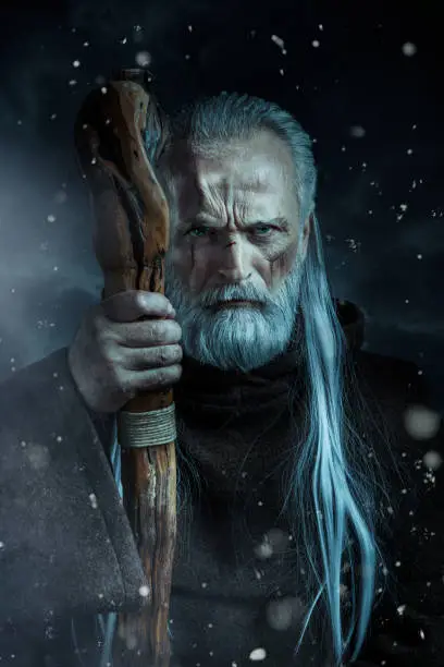 Portrait of senior wizard with big stick