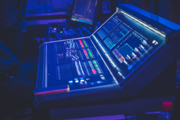 istock Sound desk illuminated in blue light 1329860852